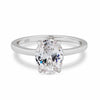Silver solitaire ring with a large oval diamond on a white background