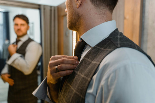  A man wearing a ring fixing his tie in the mirror