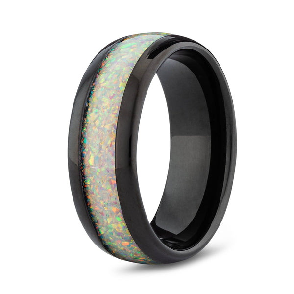 Black men's ring with opal inlay on a white background