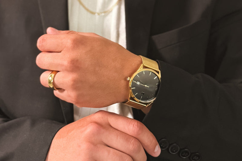 mens gold dress watch Omega 14K Yellow Case thickness Patek Philippe Square Dress Watch