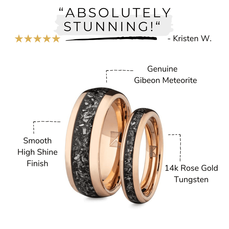 Couples Meteorite Wedding Bands- His Hers Wedding Ring Set- Promise Rings- Rose Gold Matching Wedding Rings- Romeo & Juliet