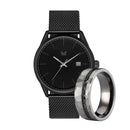 The Stealth black watch set with tungsten hammered ring