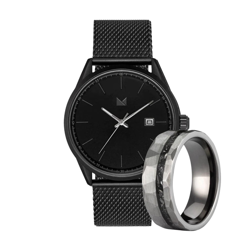 The Stealth black watch set with tungsten hammered ring