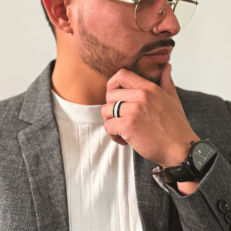A man modeling the Beast 2.0 opal wedding band