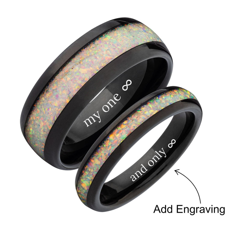 matching opal wedding bands with an engraving idea of “my one” on one and “and only” on the other