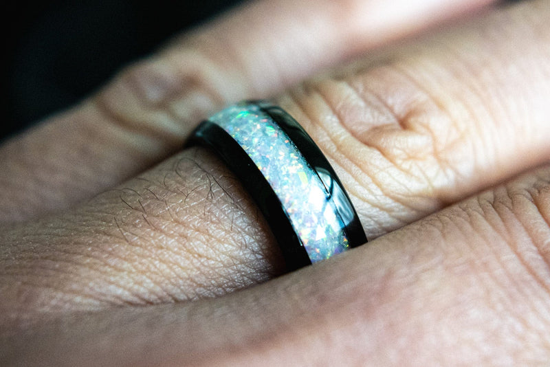 The Beast 2.0 men’s white opal ring with a black band