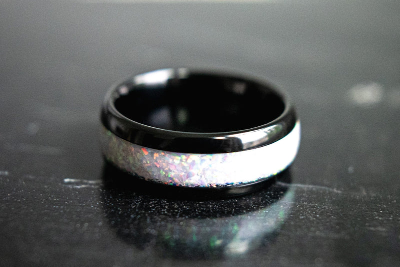 The Beast 2.0 men’s white opal ring on its side