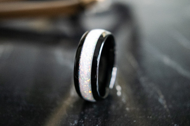 The Beast 2.0 men’s white opal ring standing upright