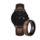 Men's brown leather watch and black tungsten ring with wood inlay 