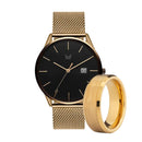 Men’s gold mesh watch and gold tungsten ring