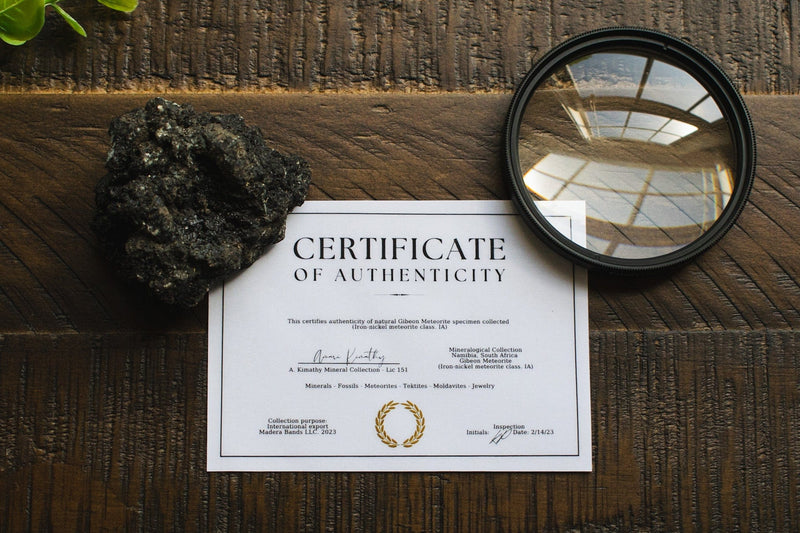 meteorite certificate of authenticity for the Anakin meteorite and tungsten hammered ring