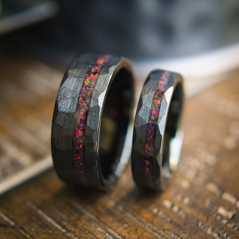 Rogue & Gambit- Couples His & Hers Tungsten Opal Black Wedding Rings | Madera Bands