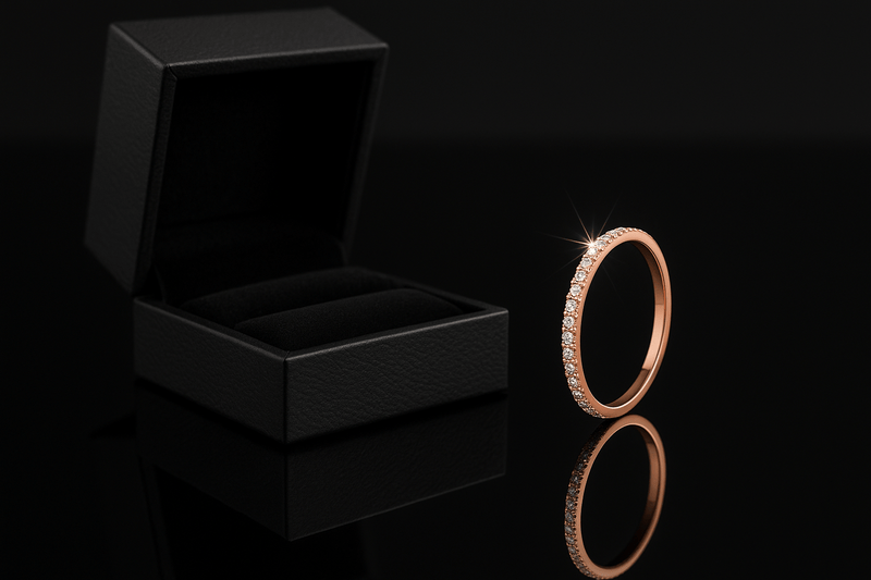 a rose gold cubic zirconia ring standing upright in front of a black background