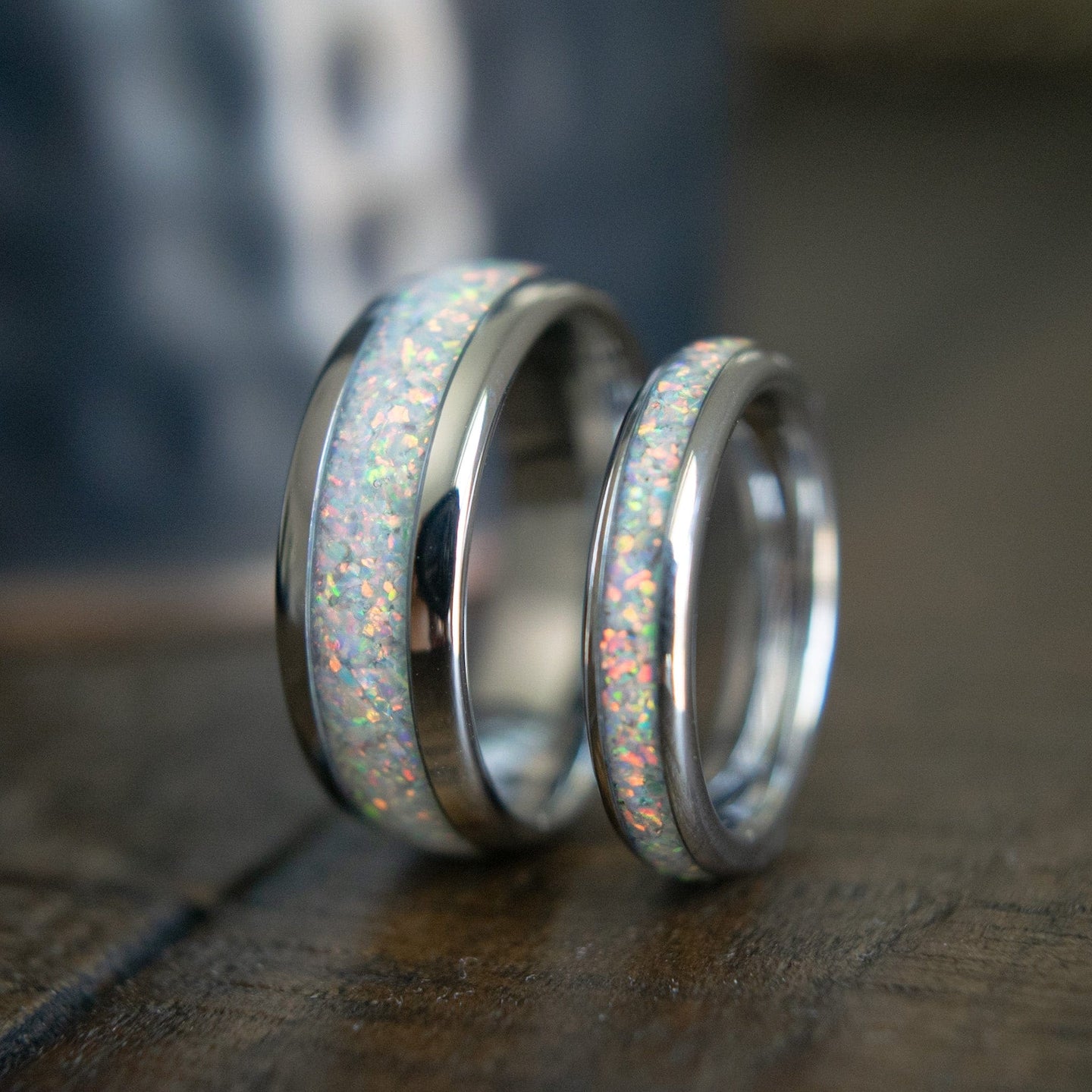 The Beast & Beauty- Opal White Gold Tungsten Couple's His & Hers Wedding Rings | Madera Bands