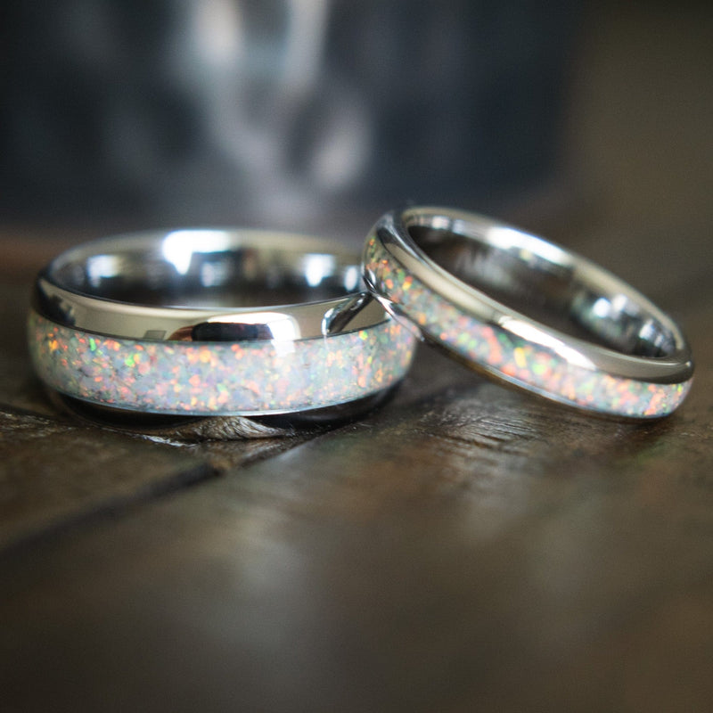 The Beast & Beauty- Opal White Gold Tungsten Couple's His & Hers Wedding Rings | Madera Bands
