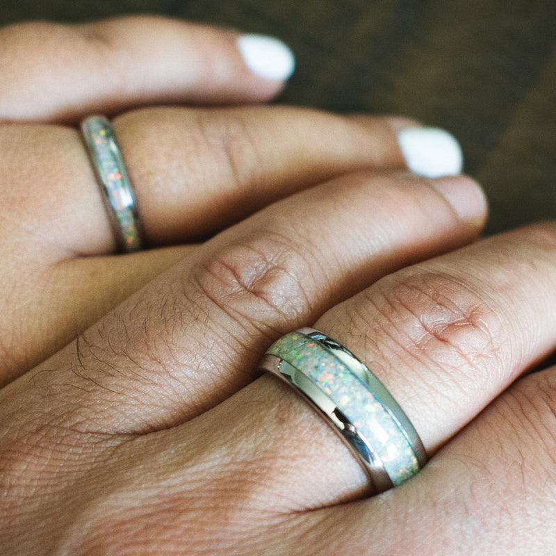 The Beast & Beauty- Opal White Gold Tungsten Couple's His & Hers Wedding Rings | Madera Bands