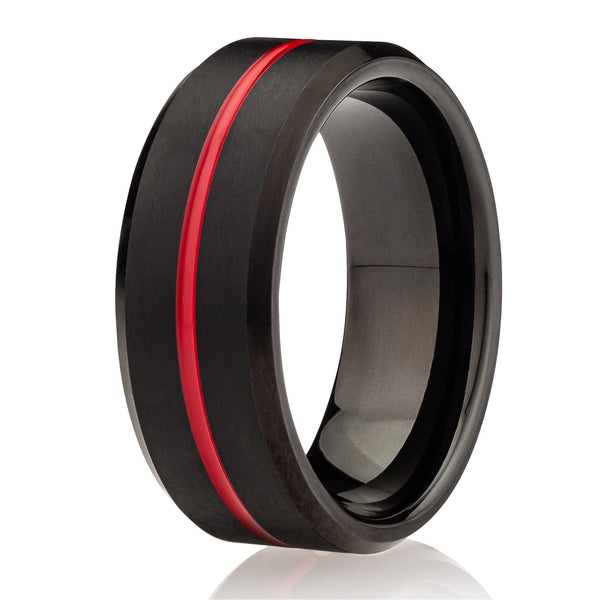 The Firefighter- Black & Red Tungsten Men’s Wedding Ring | Madera Bands