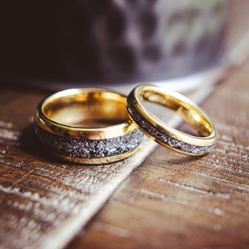 The Gold Romeo & Juliet- Couples Meteorite Gold His & Hers Wedding Rings | Madera Bands