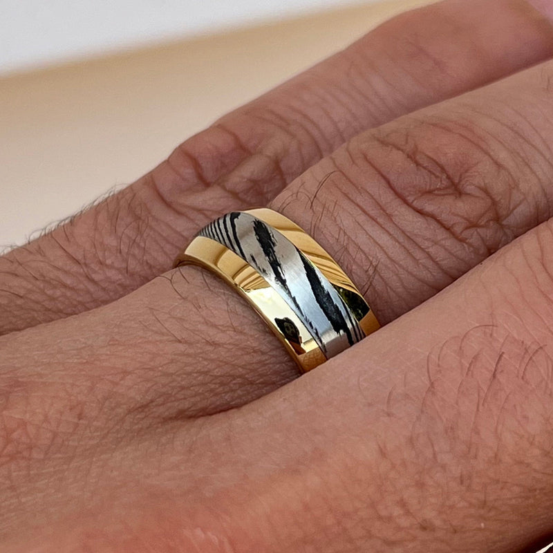 The Spartan - Damascus  Men’s Wedding Ring, Men's Gold Wedding Band | Madera Bands