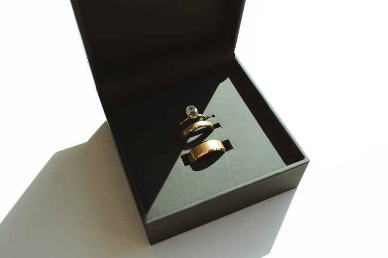 three matching wedding rings in a box