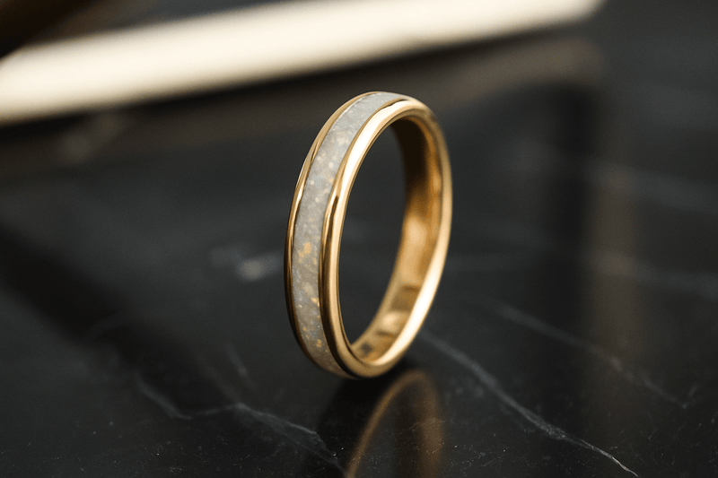 a tungsten yellow gold opal ring standing upright