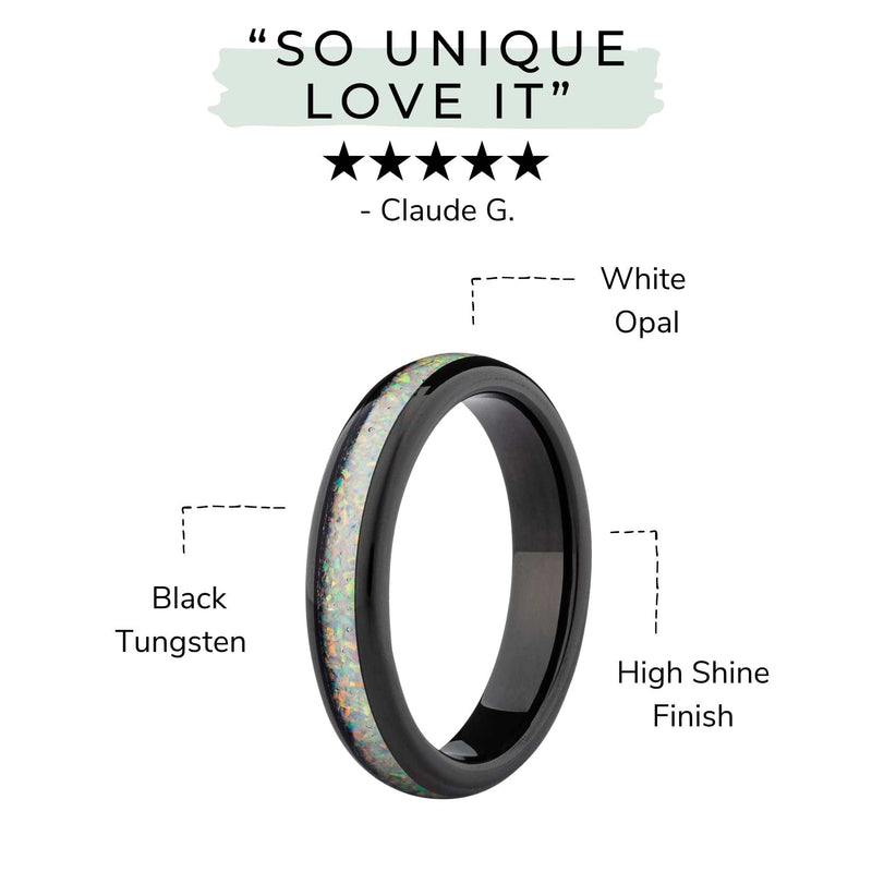 an infographic of The Beauty 2.0 white opal ring and a black band