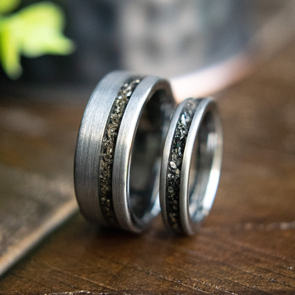 COUPLES Black Brushed METEORITE Rings, His and Hers Wedding Rings, Bla