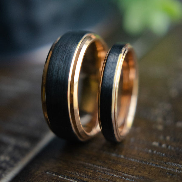 Couples Rose Gold Black Tungsten His Hers Wedding Rings | Madera Bands 