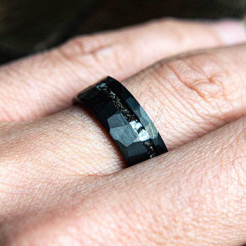 Lois & Kent- Couples Black Meteorite Wedding Rings His Hers Set | Madera Bands