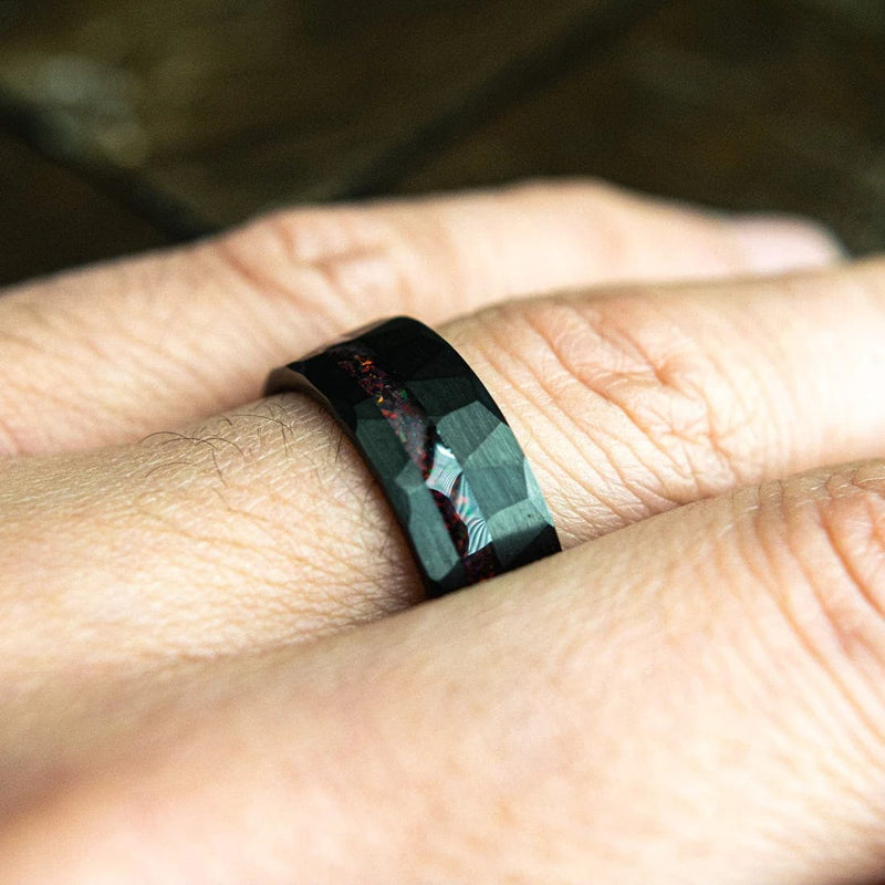 Rogue & Gambit- Couples Black Wedding Rings Opal His Hers Set | Madera Bands