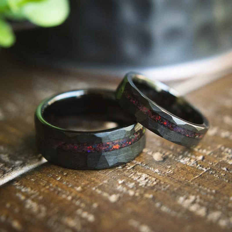 Rogue & Gambit- Couples His & Hers Tungsten Opal Black Wedding Rings | Madera Bands