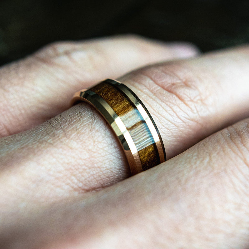Rose Gold Tungsten Men's Wedding Ring, Whiskey Wood Men's Wedding Ring | Madera Bands