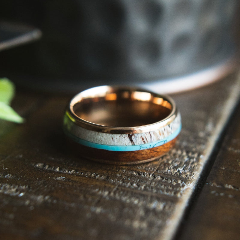 The Clark- Deer Antler Turquoise Wood Men’s Wedding Ring | Madera Bands