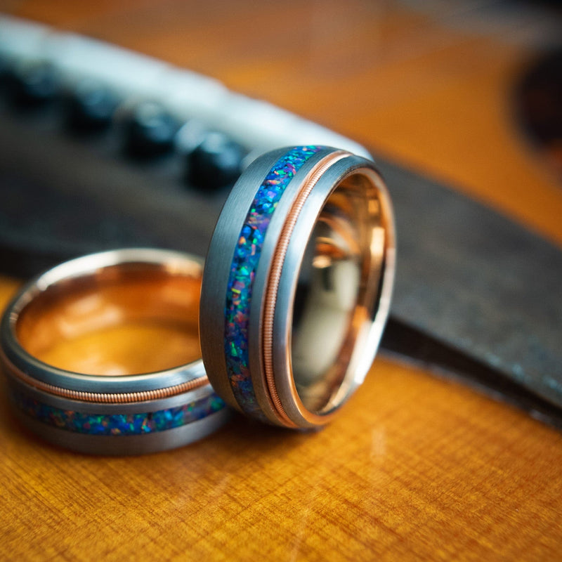 The Hendrix- Rose Gold Tungsten Opal Guitar Men's Ring | Madera Bands