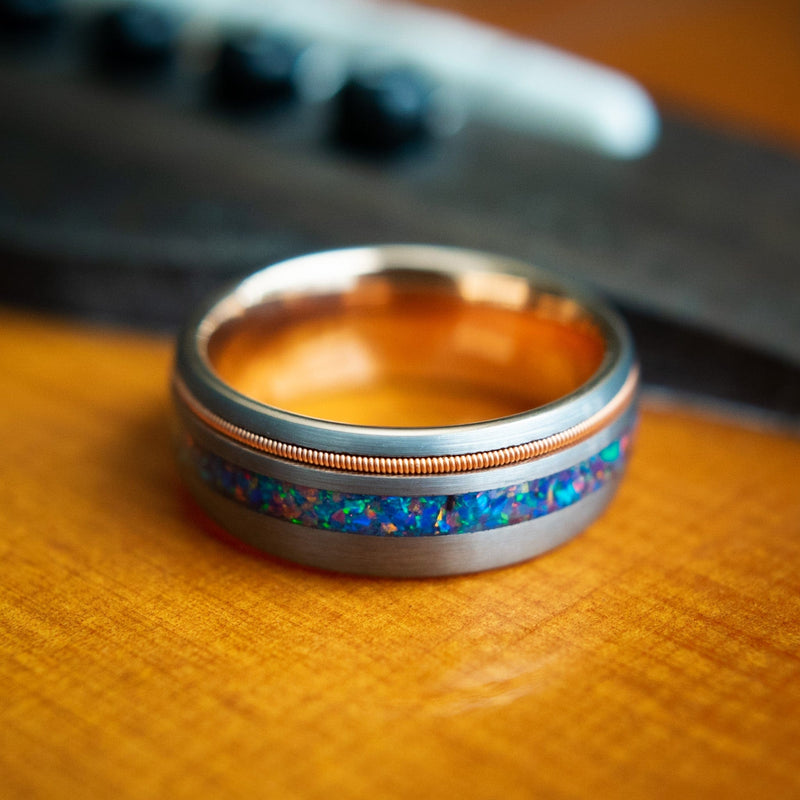 The Hendrix- Rose Gold Tungsten Opal Guitar Men's Ring | Madera Bands