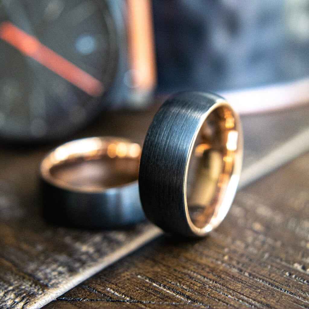 Black and Rose Gold Tungsten Ring | The Liam | Madera Bands