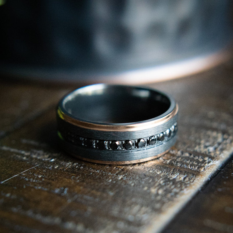 The Loui V- Black Zirconium Black Diamond Rose Gold Men's Wedding Ring | Madera Bands