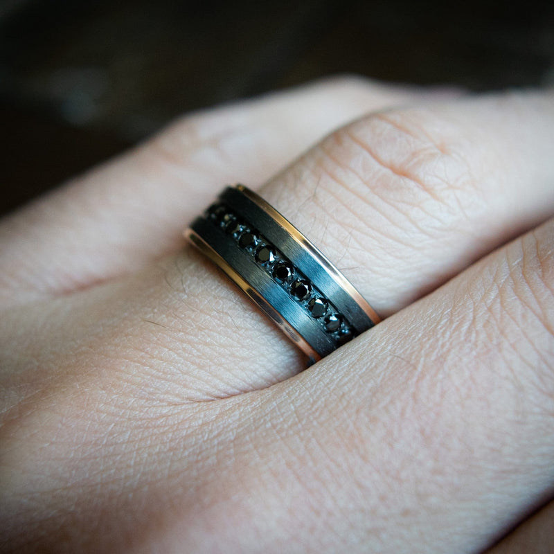 The Loui V- Black Zirconium Black Diamond Rose Gold Men's Wedding Ring | Madera Bands