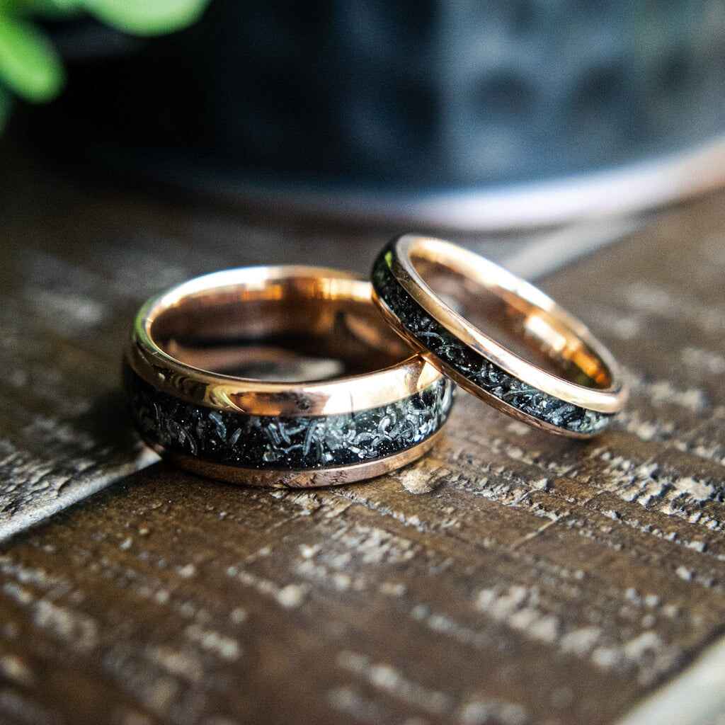 the romeo juliet couples meteorite his hers wedding rings madera bands mens ring